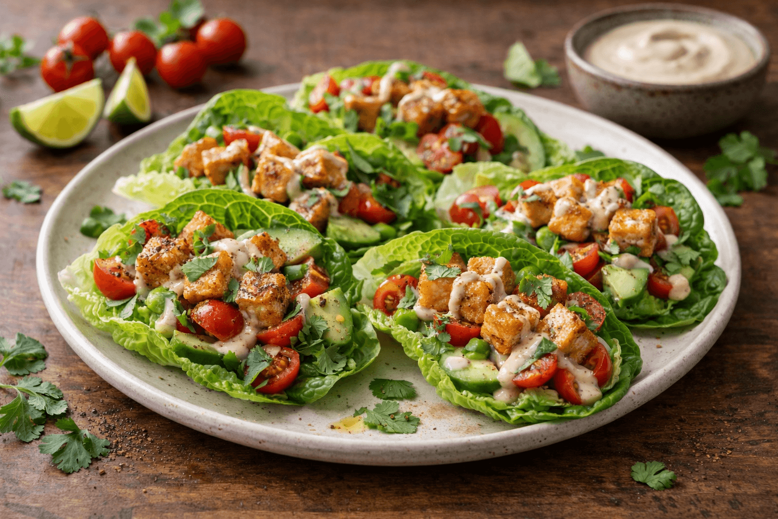 Mini tacos di lattuga con tofu croccante e salsa tahina