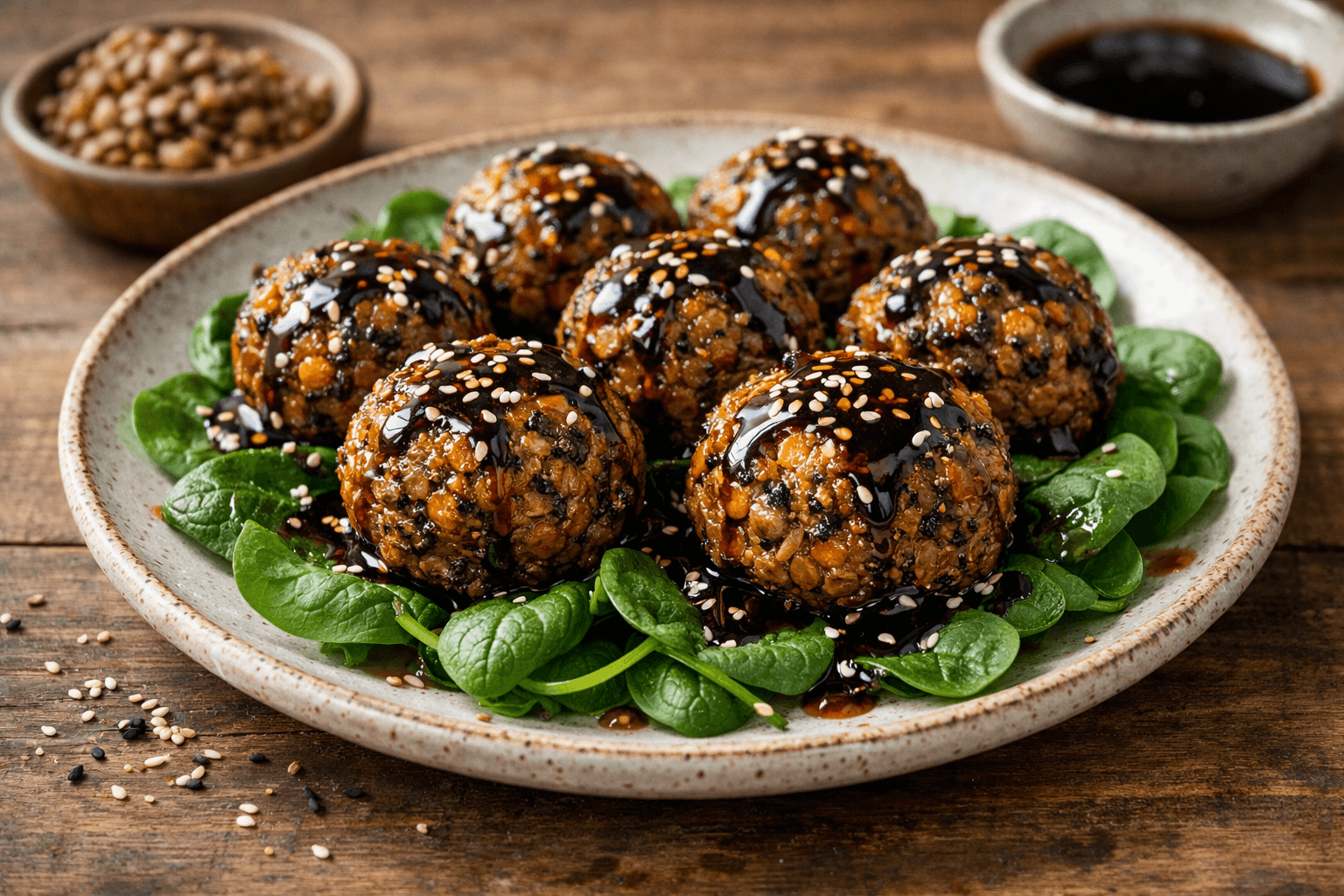 Polpette di lenticchie e verdure con glassa di soia