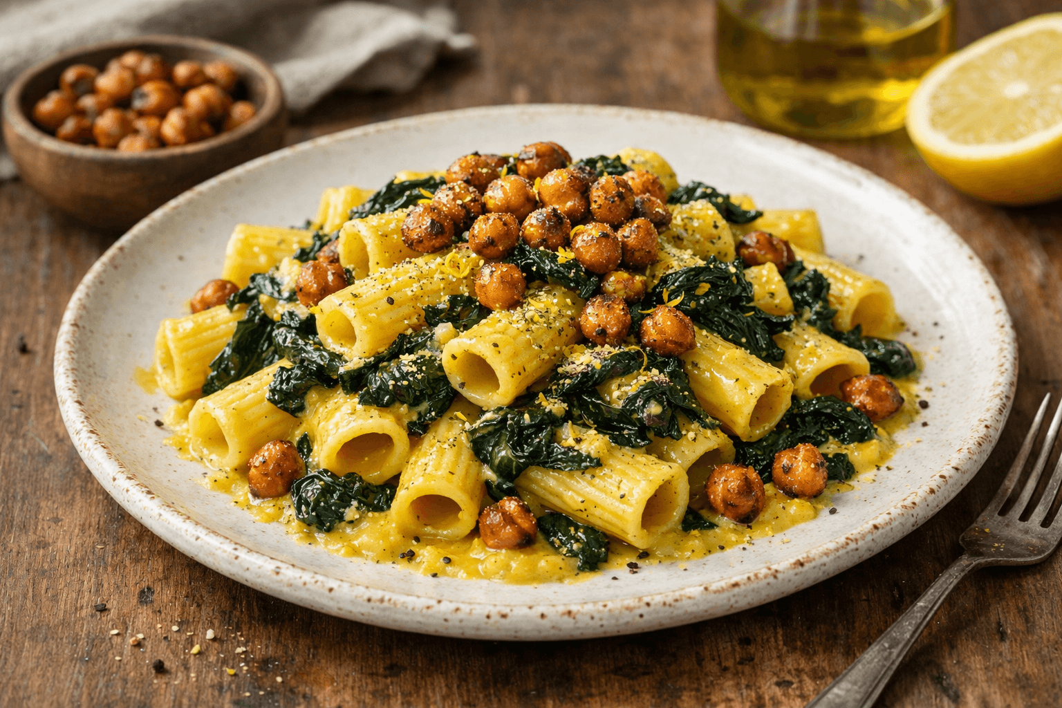 Rigatoni con cavolo nero, zafferano e ceci croccanti