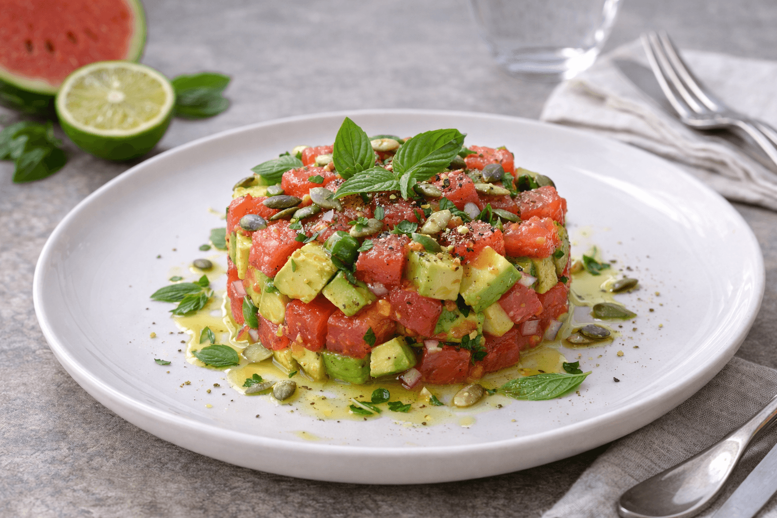 Tartare di avocado e anguria con lime e basilico